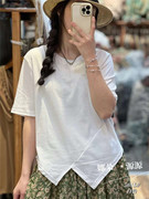 孤品设计感小众t恤女夏季白色不规则圆领棉质上衣短袖体恤衫