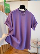 2024夏季韩版宽松紫色t恤女短袖内搭圆领纯棉体恤打底衫上衣