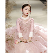 定制粉色女童礼服，秋冬花童婚礼小女孩公主，裙儿童主持人钢琴演奏演