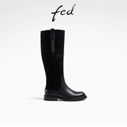 fed拼接时装靴冬季靴子黑色长筒靴粗跟瘦瘦靴女款R1113-YA571