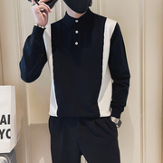 黑白拼色衬衫领毛衣，男设计感高级冬季男士，长袖针织衫打底衫潮