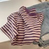 紫色条纹短袖女夏季2023宽松棉质正肩t恤独特设计感小众上衣
