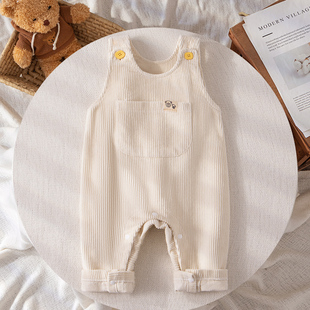 婴儿背带裤灯芯绒0-3-6-9-12个月女宝宝裤子，按扣开裆秋冬加绒男宝