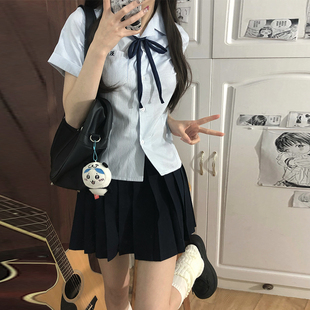 花千猪小笠原蓝条纹开襟收腰短袖，衬衫女春季学院风jk短制服