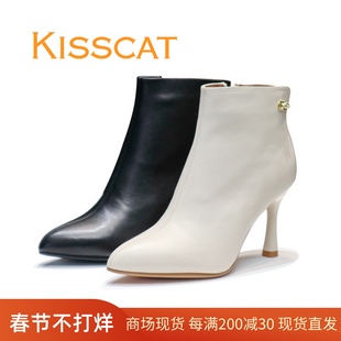 KISSCAT接吻猫2023冬时尚通勤高跟尖头细跟短靴女KA43714-10