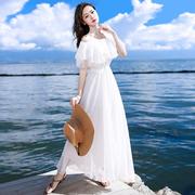 白色露肩雪纺连衣裙夏季女韩版一字领高腰显瘦度假沙滩裙子仙