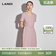 LANDI蓝地2023年夏季V领收腰系带连衣裙女高级感中长款裙子