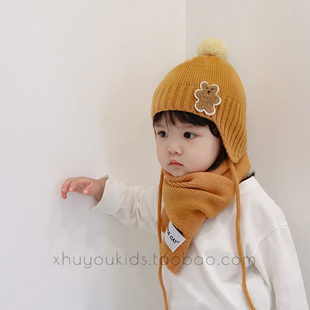 儿童帽子围巾两件套韩版冬季宝宝保暖秋冬男童女童护耳婴儿针织帽