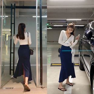 韩国东大门不规则高腰a型，包臀半身裙女春季性感，后开叉鱼尾中长裙