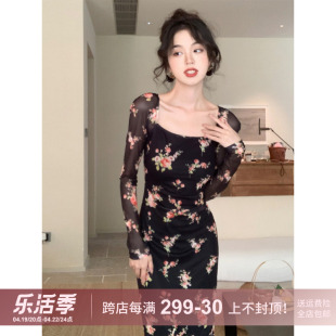 SYT自制 撩人小黑裙法式方领碎花连衣裙女秋季收腰显瘦长裙子