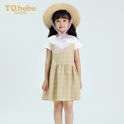气贝贝女童格子连衣裙短袖夏季黄色格纹拼接中长款儿童裙子夏装