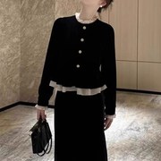 欧洲站女装秋冬季j2023赫本风，黑色套装长袖金丝绒洋装两件套
