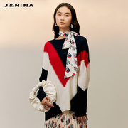 j&nina捷恩尼纳时尚，撞色拼接羊毛羊绒衫，女秋冬季针织打底衫