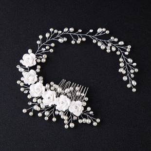 新娘白色花朵手工串珠发绳头饰，结婚发饰品婚纱，礼服软链发条珠花环