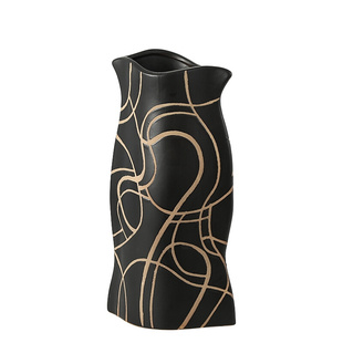 极简轻奢创意现代新古典(新古典)陶瓷手绘线条，扁形不规则花瓶家居软装饰品