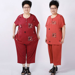 胖老太太奶奶妈妈装夏装T恤套装中老年女加肥加大码200斤老人宽松