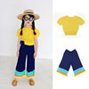 IFKIDS童装夏季女童儿童针织T恤裤子黄色镂空针织上衣短袖