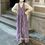 BM10.31软糯的紫薯 vintage紫色格纹V领包扣毛呢背心裙