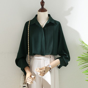 垂感雪纺，拼接百褶风琴褶，绿色翻领衬衫