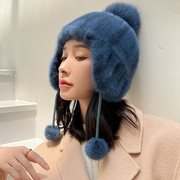 韩国冬季保暖女士水貂帽子护耳貂皮帽皮草帽子可爱飞行女帽网红款