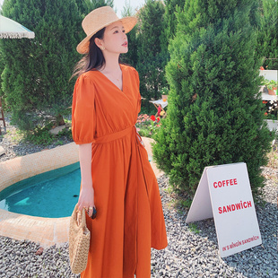 首发女款夏季泡泡袖橘色v领系带连衣裙复古气质收腰气质长裙