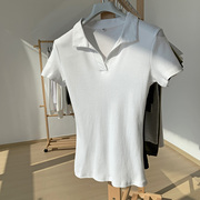 正肩polo衫短袖T恤女士2023翻领白色螺纹设计感打底上衣夏季