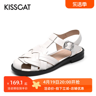 kisscat接吻猫夏季牛皮，圆头一字扣方跟时装罗马凉鞋女ka21333-50
