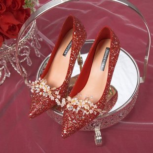 法式主婚鞋禾秀婚纱两穿新娘鞋，冬季女红色，水晶高跟公主结婚伴娘鞋