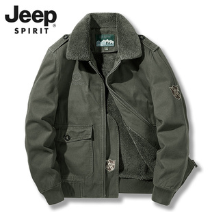 jeep吉普羊羔绒棉衣，男冬季短款外套翻领，加绒加厚棉服工装宽松夹克