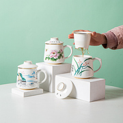 陶瓷办公杯茶杯水杯带过滤内胆家用描金，三件套礼盒装可以定制logo