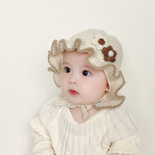 婴儿帽子可爱甜美秋冬季公主帽护耳女童毛线帽女宝宝保暖套头帽潮