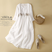 白色棉麻连衣裙女士装高端气质夏季大码宽松中年洋气妈妈裙子