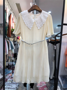 娃娃领镂空刺绣连衣裙女夏季新韩版系带修身显瘦百褶雪纺裙
