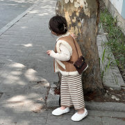 秋冬韩版女童条纹加绒针织裤中小童时尚洋气阔腿裤儿童毛线裤