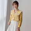 娃娃领格子衬衣女2023春设计感小众甜美韩版衬衫黄色蕾丝上衣