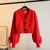 红色毛衣女粗针编织坑条宽松短款小个子上衣春秋针织开衫外套