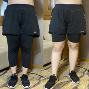 大码胖MM高腰假两件运动裤子女健身裤中长裤速干瑜伽夏季七分跑步