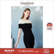 goodland美地女装夏假两件黑白，拼接珍珠荷叶边针织衫