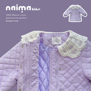 女童秋冬季棉衣外套长款紫色绗棉大衣中长款蕾丝领女孩棉服3597