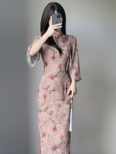 新中式改良少女倒大袖旗袍，2023秋季年轻款少女长袖雪纺连衣裙