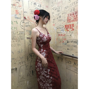 新中式国风水墨印花v领吊带连衣裙女夏季性感纯欲修身高腰包臀裙