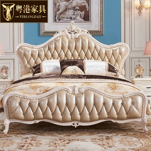 欧式大床别墅高档美式真皮，床1.8米实木雕，花头层牛皮双人床