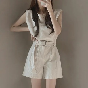 韩国chic夏季法式复古时尚，无袖背心+高腰，阔腿短裤两件套休闲套装