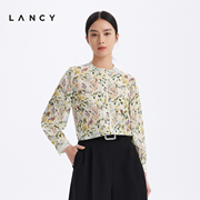 真丝LANCY/朗姿女装2023夏季立领印花蕾丝衬衫女长袖衬衣
