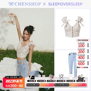 SleepOverSleep蝴蝶结V领短上衣牛仔马蹄长裤CHENSHOP设计师品牌