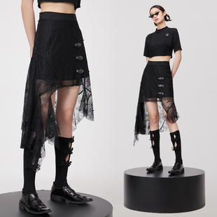 cuudiclab原创设计夏季网纱半身裙，长裙黑色不规则，重工钉珠蕾丝裙
