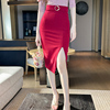 洋气时髦酒红色半身裙显瘦修身工装风，职业高腰包(高腰包)臀开叉一步裙