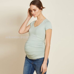 孕妇上衣夏装 短袖t恤衫时尚V领性感孕妇哺乳打底衫修身显瘦欧美
