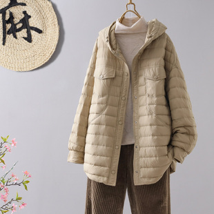冬季韩版90白鸭绒(白鸭绒)中长款连帽轻薄羽绒服女士时尚宽松纯色外套