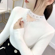 不起球不掉毛水貂绒毛，衣女修身显瘦春秋打底上衣镂空钻套头针织衫